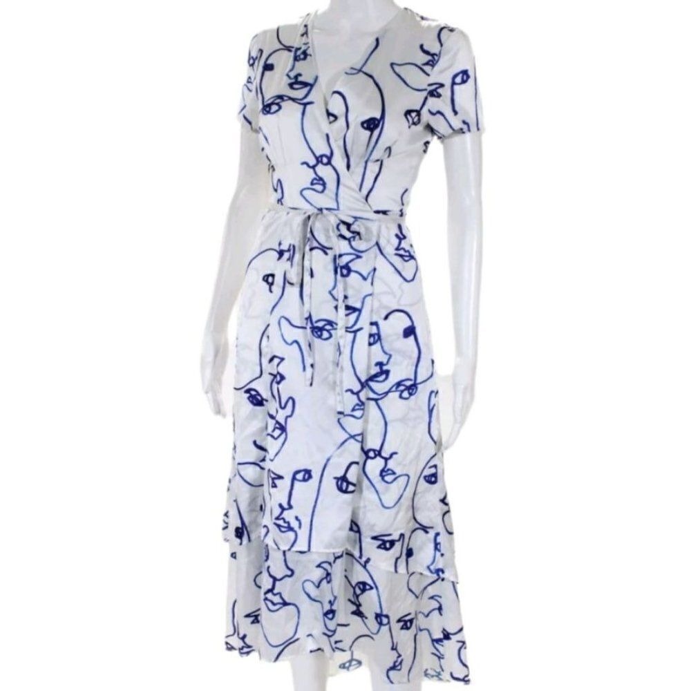 Hutch Whimsical Artsy Face Statement Wrap Dress Sz XS Printed Rosa Tiered ASOT
